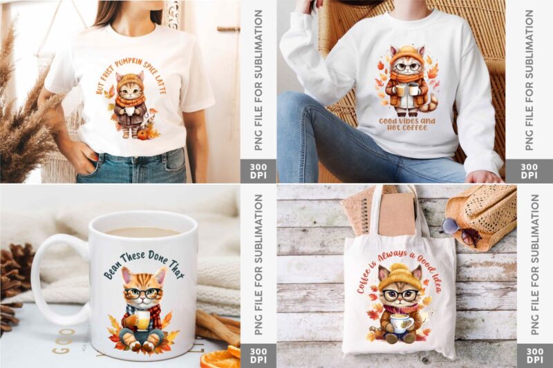 Retro Fall Cat Coffee PNG Sublimation Bundle, Cute Fall Animals Character for Merchandise, T-shirt designs for pod, commercial t shirt designs