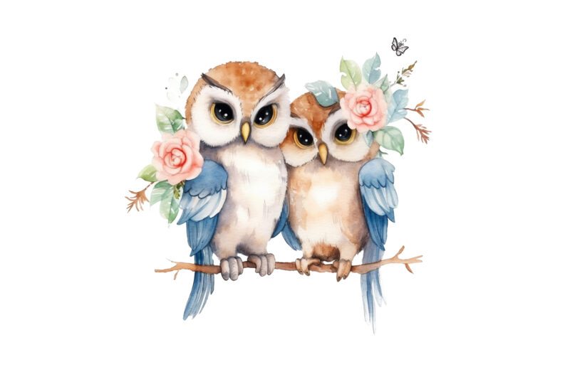 Cute Couple Owl with flower Watercolor Clipart