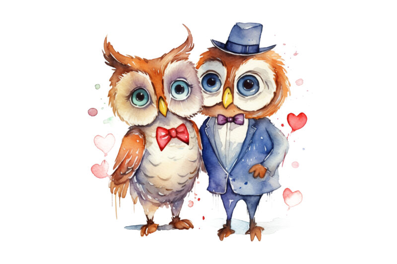 Cute Couple Owl with flower Watercolor Clipart