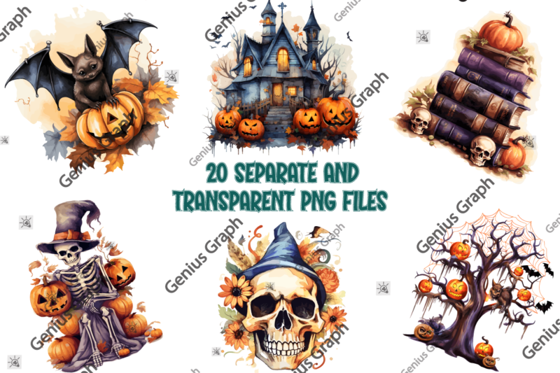 Halloween Watercolor Clipart, Watercolor Halloween Sublimation, Halloween Clipart Bundle