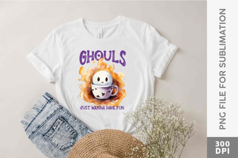 Cute Ghost with Coffee Halloween Designs Sublimation Bundle, Cute Halloween T-shirt Designs