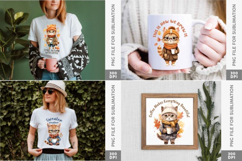 Retro Fall Cat Coffee PNG Sublimation Bundle, Cute Fall Animals Character for Merchandise, T-shirt designs for pod, commercial t shirt designs