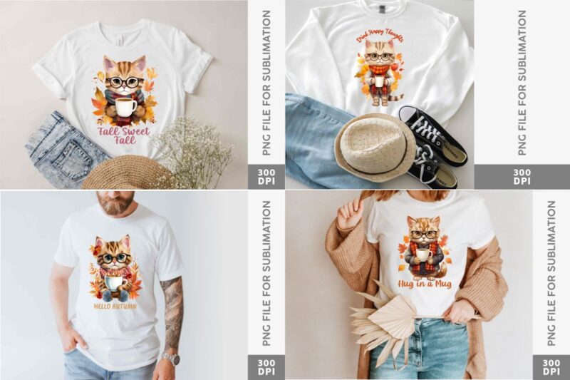 Retro Fall Cat Coffee PNG Sublimation Bundle, Cute Fall Animals Character for Merchandise, T-shirt designs for pod, commercial t shirt designs