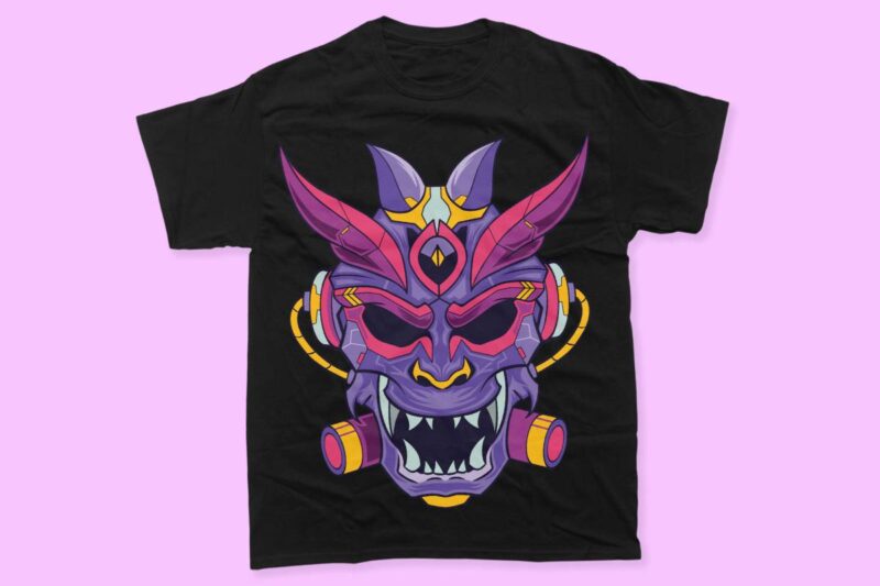 Oni Mask Mecha Japan Culture Vector T-shirt Designs Bundle, Hannya Mask Robot Artwork illustration t shirt design for commercial use