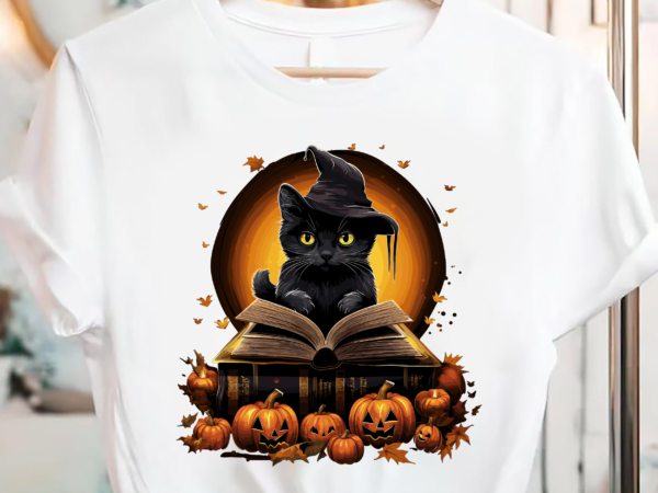 Black cat reading books pumpkin autumn teachers halloween pc t shirt template