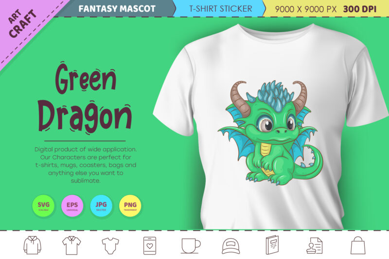 Cartoon green dragon. Fantasy clipart.