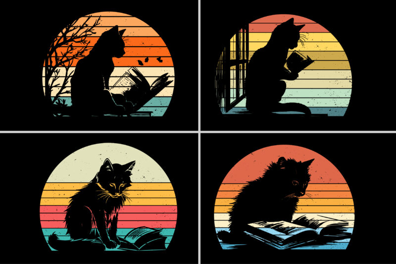 Cat Reading Book Retro Vintage Sunset T-Shirt Graphic - Buy t-shirt designs