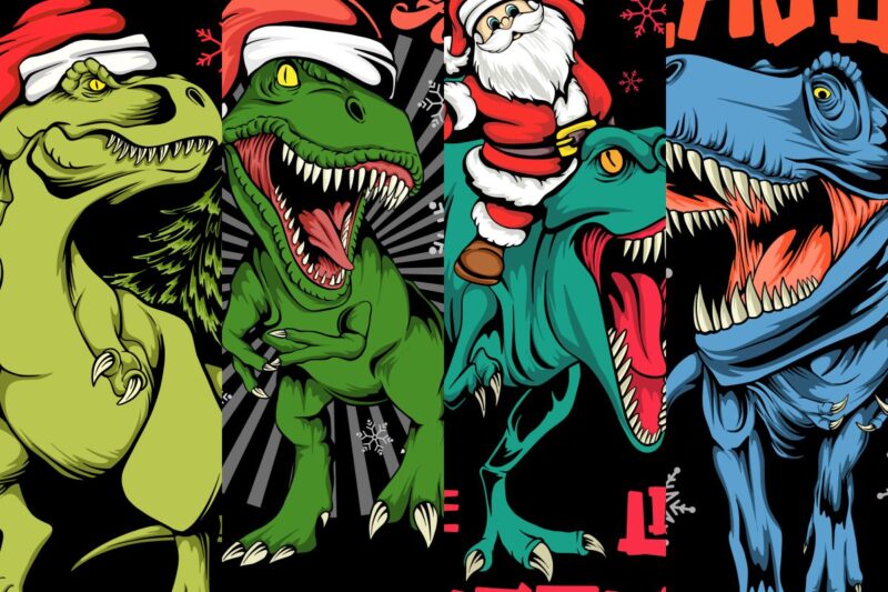 Christmas Dinosaur T-shirt Designs Vector Bundle