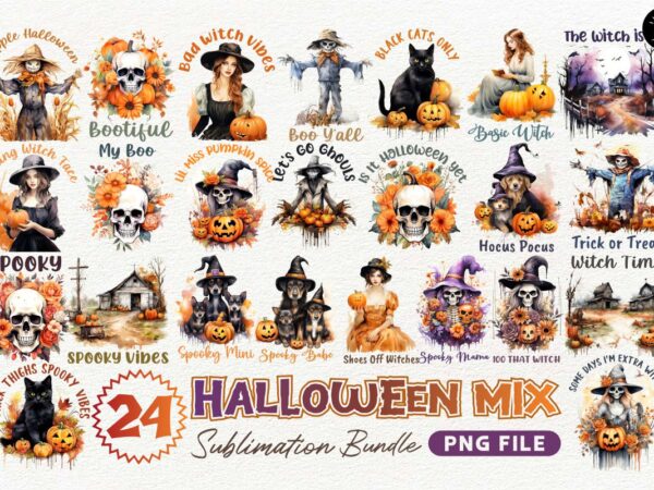 Halloween sublimation t shirt designs png bundle, watercolor halloween designs collection