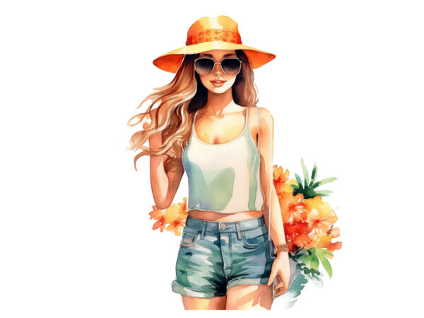 Summer girl watercolor clipart t shirt template vector