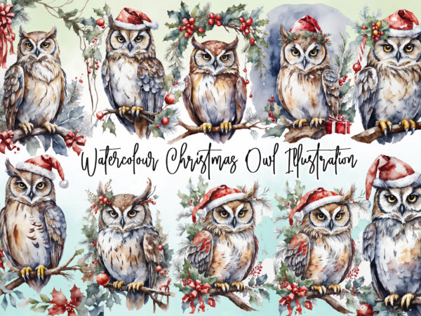 Watercolour christmas owl illustration t shirt design for sale