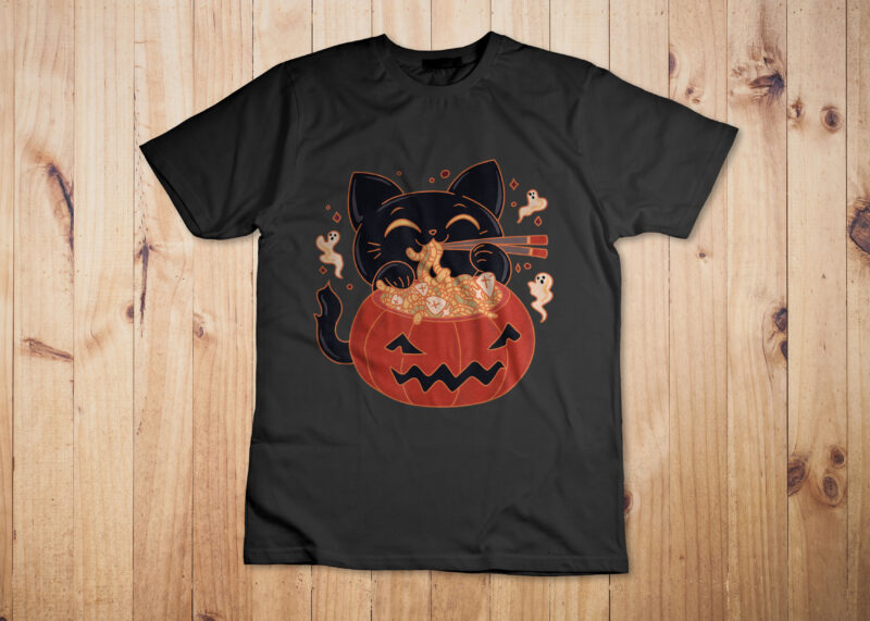 Creepy Kawaii Cat Eating Worms Ramen Noodles Halloween Shirt Design