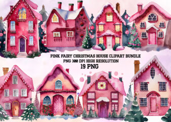 Pink Christmas House Watercolor Clipart PNG