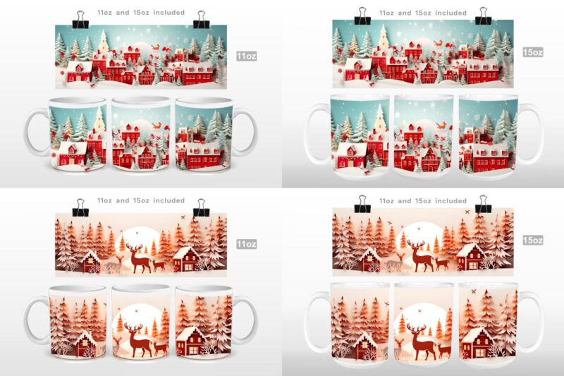 3D Christmas Countryside Mug Wrap Sublimation Bundle