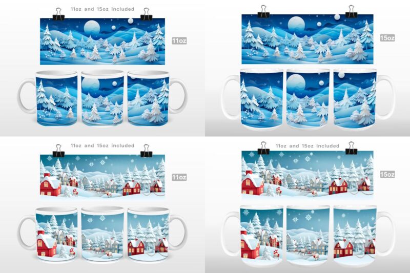 3D Christmas Countryside Mug Wrap Sublimation Bundle