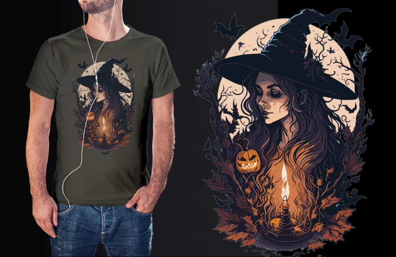 Spooky Witch Lantern Halloween Tshirt Graphic