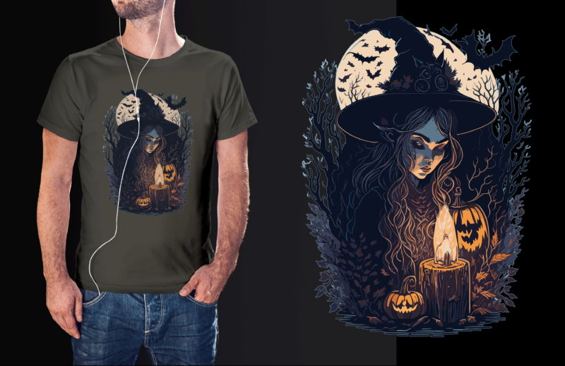 Spooky Witch With Her Lantern Halloween Tshirt Vector