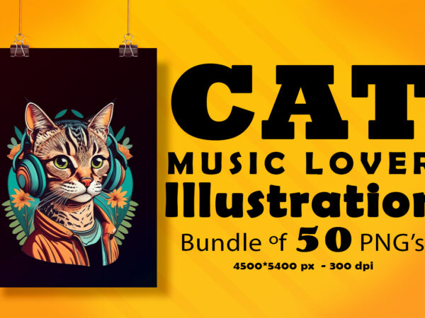 Cat wearing headphones illustration for pod clipart design is also perfect for any project: art prints, t-shirts, logo, packaging, stationery, merchandise, website, book cover, invitations, and more.