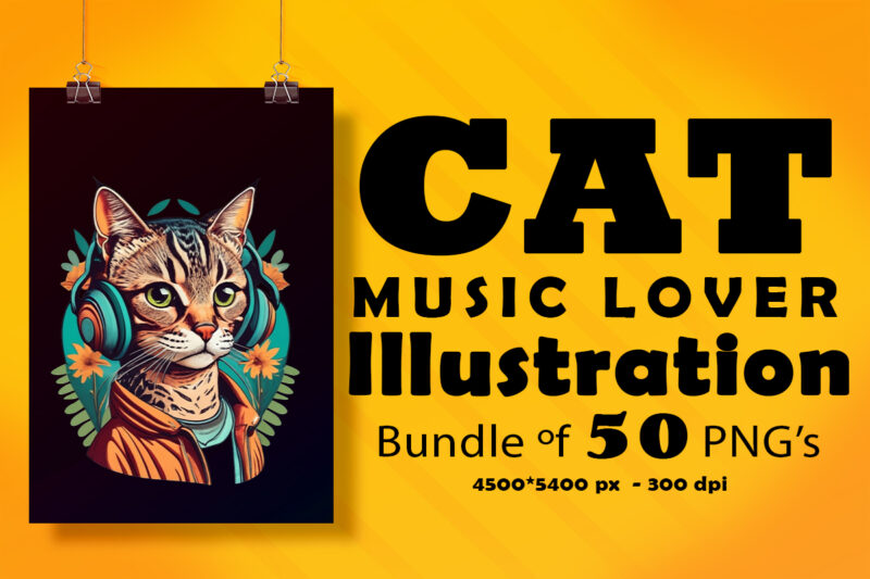 Cat Wearing Headphones Illustration for POD Clipart Design is Also perfect for any project: Art prints, t-shirts, logo, packaging, stationery, merchandise, website, book cover, invitations, and more.