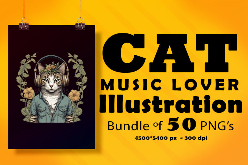 Cat Wearing Headphones Illustration for POD Clipart Designs Bundle