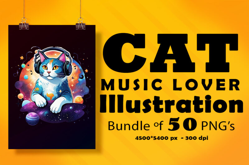 Cat Wearing Headphones Illustration for POD Clipart Designs Bundle