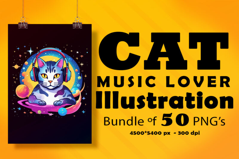 Cat Wearing Headphones Illustration for POD Clipart Designs Bundle