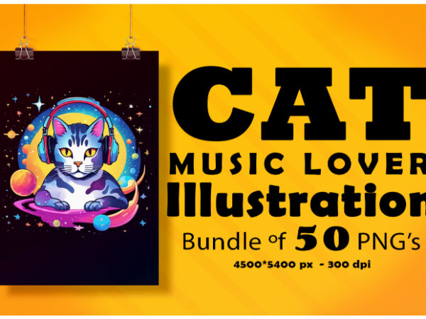 Cat wearing headphones illustration for pod clipart designs bundle