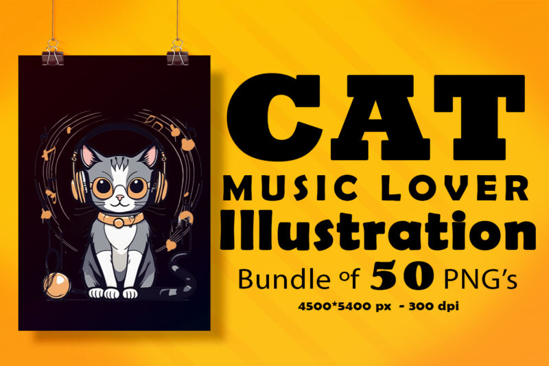 Cat Wearing Headphones Illustration for POD Clipart Design is Also perfect for any project: Art prints, t-shirts, logo, packaging, stationery, merchandise, website, book cover, invitations, and more.