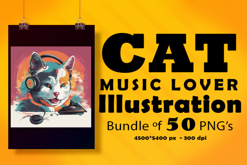 Cat Wearing Headphones Illustration for POD Clipart Design is Also perfect for any project: Art prints, t-shirts, logo, packaging, stationery, merchandise, website, book cover, invitations, and more.