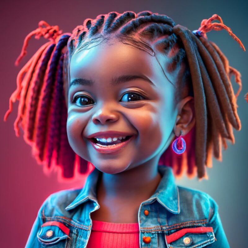 2 year old black girl with dark skin and long two-strand twists, red shirt, denim jeans, earrings medium lips, smile, full face PNG File