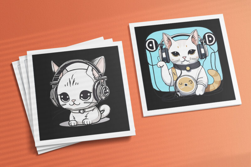 Cat Wearing Headphones Illustration for POD Clipart Design is Also perfect for any project: Art prints, t-shirts, logo, packaging, stationery, merchandise, website, book cover, invitations, and more