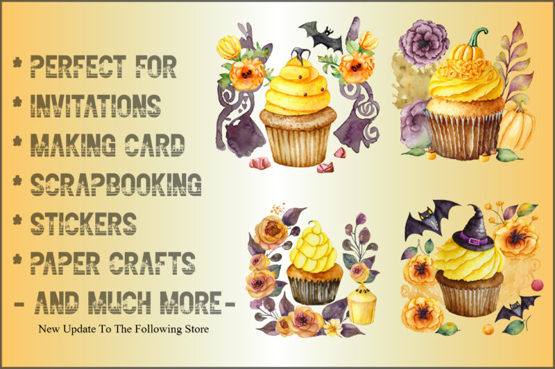 Watercolor Yellow Cupcake and Halloween Clipart