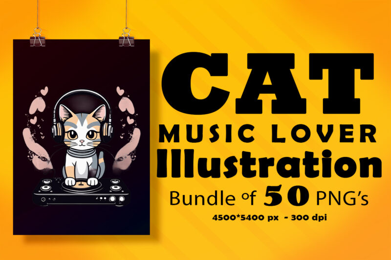 Cat Wearing Headphones Illustration for POD Clipart Design is Also perfect for any project: Art prints, t-shirts, logo, packaging, stationery, merchandise, website, book cover, invitations, and more.