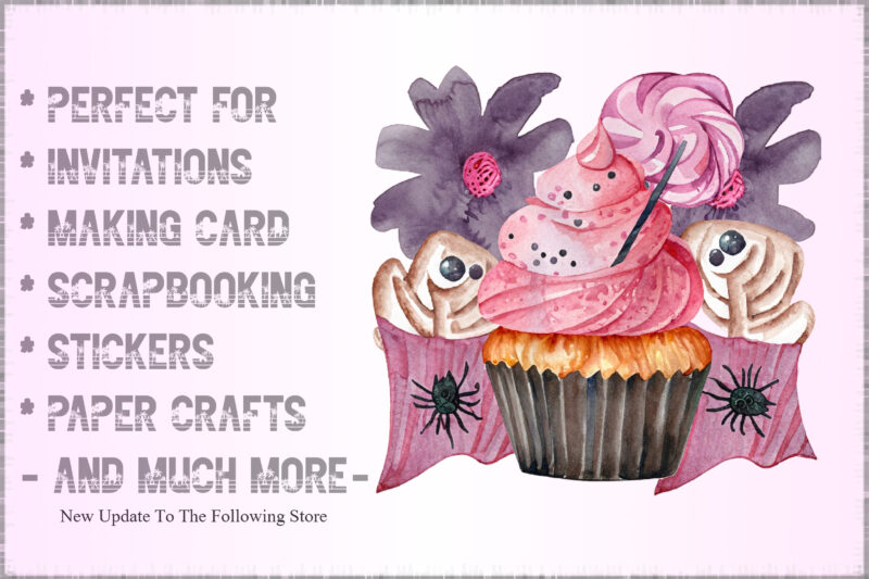 Watercolor Pink Cupcake and Halloween Clipart