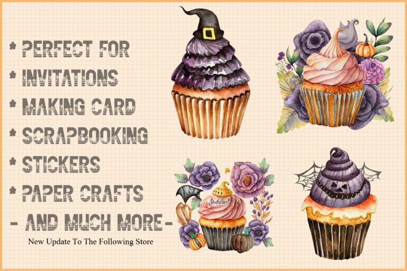 Watercolor Halloween Cupcake and Clipart