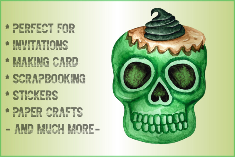 Watercolor Green Cupcake and Halloween Clipart