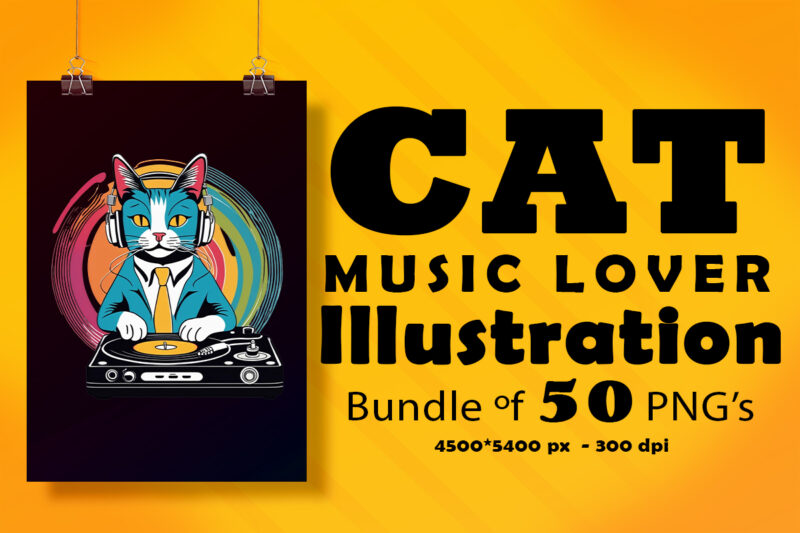 This Cat Wearing Headphones Illustration for POD Clipart Design is Also perfect for any project: Art prints, t-shirts, logo, packaging, stationery, merchandise, website, book cover, invitations, and more