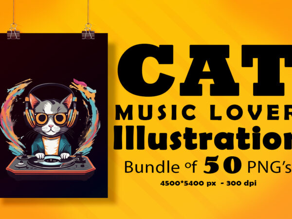 Cat wearing headphones illustration for pod clipart design is also perfect for any project: art prints, t-shirts, logo, packaging, stationery, merchandise, website, book cover, invitations, and more.