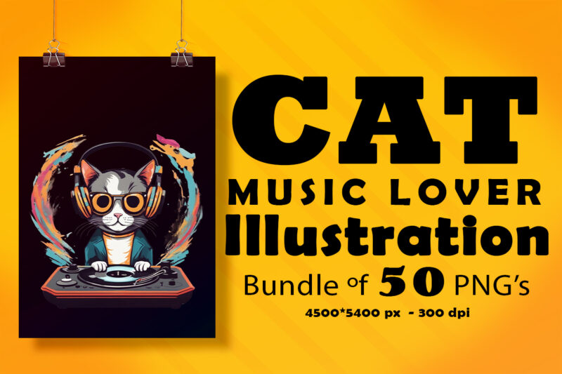 Cat Wearing Headphones Illustration for POD Clipart Design is Also perfect for any project: Art prints, t-shirts, logo, packaging, stationery, merchandise, website, book cover, invitations, and more.