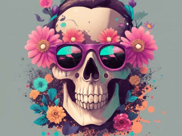 A dead skull wearing trendy sunglasses, t-shirt design, flowers splash, t-shirt design, in the style of studio ghibli png file