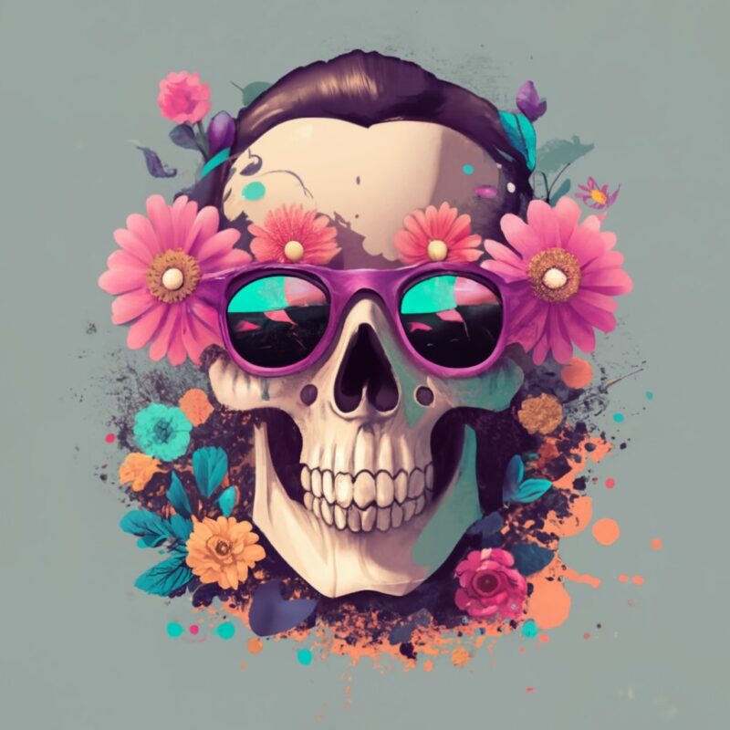 a Dead Skull wearing trendy sunglasses, t-shirt design, flowers splash, t-shirt design, in the style of Studio Ghibli PNG File