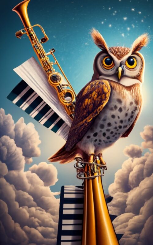 A friendly owl standing on a clarinet, holding music sheets on one of his wings. Design for t-shirts PNG File