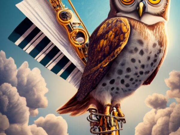 A friendly owl standing on a clarinet, holding music sheets on one of his wings. design for t-shirts png file