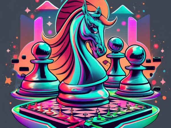 A t-shirt design with a futuristic and sci-fi-inspired chessboard with holographic pieces png file