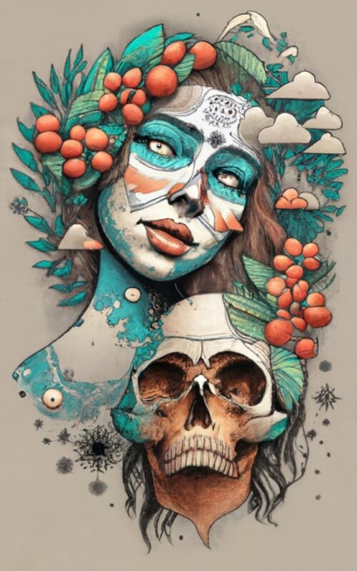 A t-shirt design, A woman with a catrina-painted face clutching a white skull, the starry winter sky and nature. a magical scene while creat