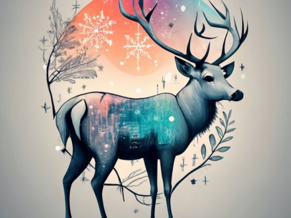 A t-shirt design with a white background saying ” oh deer merry christmas” in soft christmas colors, a male deer with the graceful forms , t