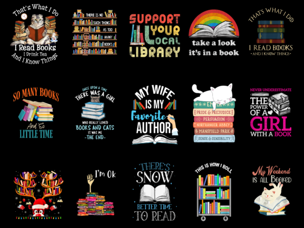 15 book shirt designs bundle for commercial use, book t-shirt, book png file, book digital file, book gift, book download, book design amz