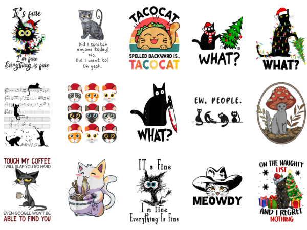 15 cat shirt designs bundle for commercial use, cat t-shirt, cat png file, cat digital file, cat gift, cat download, cat design amz
