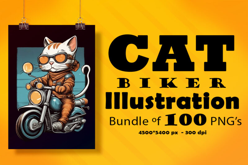 Cat Biker Illustration for POD Clipart Design is Also perfect for any project: Art prints, t-shirts, logo, packaging, stationery, merchandise, website, book cover, invitations, and more