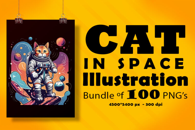 Cat in Space Illustration for POD Clipart Design is Also perfect for any project: Art prints, t-shirts, logo, packaging, stationery, merchandise, website, book cover, invitations, and more